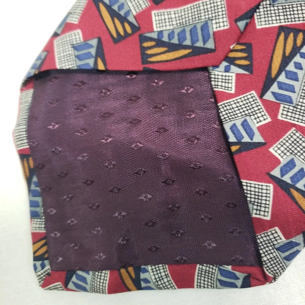 Pattini Mens Geometric Abstract Silk Tie OS‎ Red Blue Gold